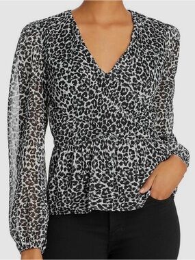 The Kooples Black & White Leopard Print V-Neck Peplum Top